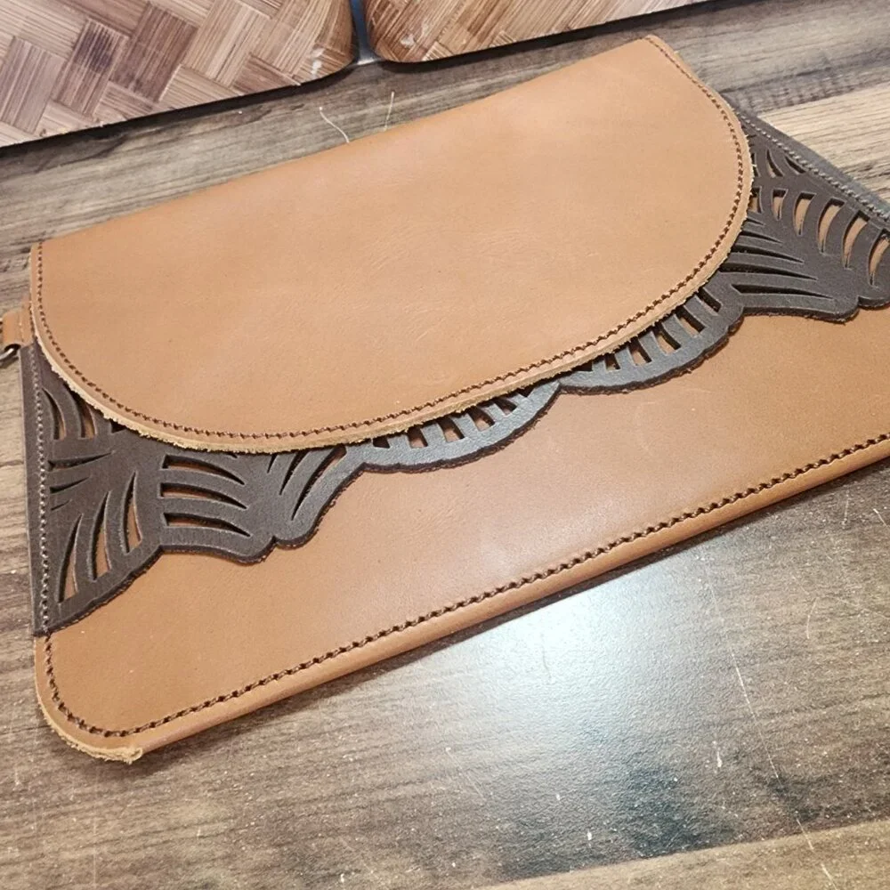 LC Fine Leather Goods Brown Leather Handbag Cutouts Unique Wristlet Clutch EUC‎